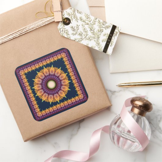 オレンジ色のブルーフラクタルフレームオーナメント スクエアシール (ギフト)