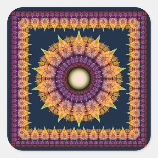 オレンジ色のブルーフラクタルフレームオーナメント スクエアシール (正面)