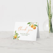 オレンジ色のベイビーシャワーの小さなキューティーがやってくる サンキューカード (正面)