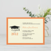 オレンジ色のベージュ色キャップタッセル卒業発表 招待状 (スタンド正面)