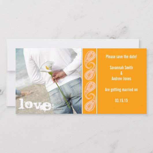 オレンジ色のペイズリー日付の保存 セーブザデート (正面)
