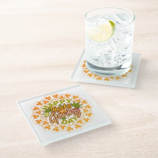 オレンジ色のボヘミアンマンダラと落ち葉のサンクスギビング ガラスコースター (アングル)