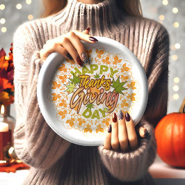 オレンジ色のボヘミアンマンダラと落ち葉の Thanksgiving デザイン ペーパープレート