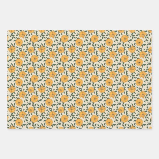 オレンジ色のポピーの花柄 ラッピングペーパーシート (正面)