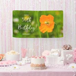 オレンジ色のポピー花のグリーン背景のハッピー50歳の誕生日 横断幕