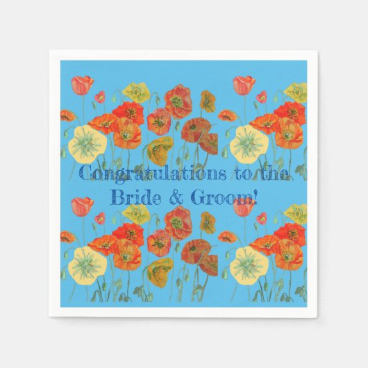オレンジ色のポピー花嫁と花婿のサーヴィエットナプキン 青 スタンダードカクテルナプキン (正面)