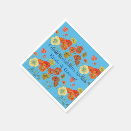 オレンジ色のポピー花嫁と花婿のサーヴィエットナプキン 青 スタンダードカクテルナプキン (角)