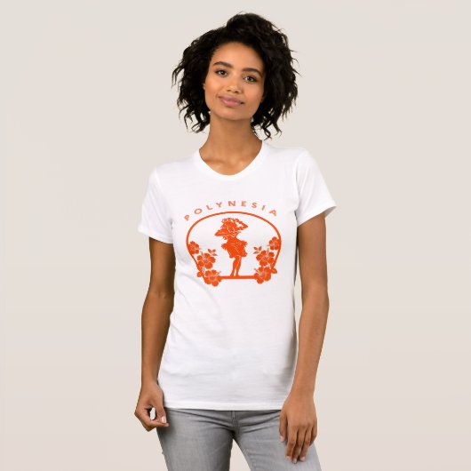 オレンジ色のポリネシアン・ダンサーとハイビスカスの花 Tシャツ (正面フル)