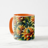 オレンジ色のマグカップ白熱［赤熱］光を放つに花は黄色と緑 マグカップ (正面左)