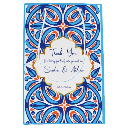 オレンジ色のマジョリカタイルパーソナライズされたの好み ミディアムペーパーバッグ (正面)