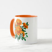 オレンジ色のマリゴールドのブーケと緑離れの マグカップ (正面左)