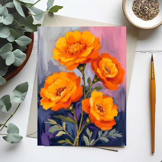 オレンジ色のマリーゴールドの花 水彩花の絵 ポストカード