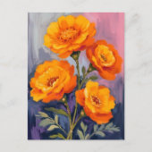 オレンジ色のマリーゴールドの花 水彩花の絵 ポストカード (正面)