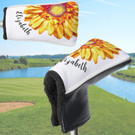 オレンジ色のマーガレットの花と名入れができるレディース用 ゴルフヘッドカバー