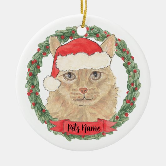 オレンジ色のメインクーン猫のクリスマスギフトをオリジナルで セラミックオーナメント (正面)