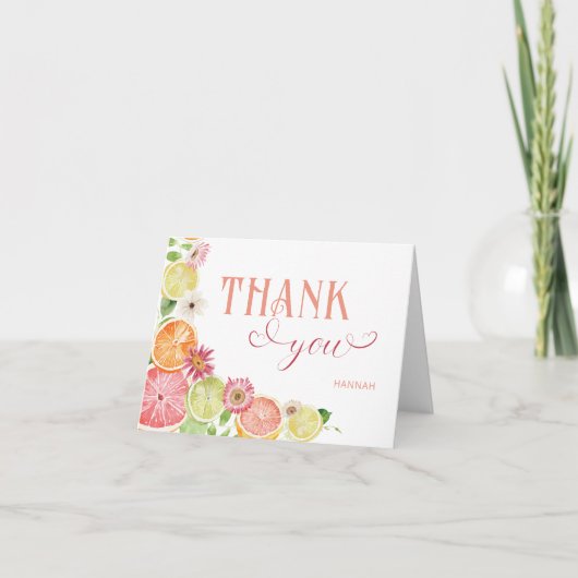 オレンジ色のメインスクイーズ サマー ブライダルシャワー サンキューカード (正面)