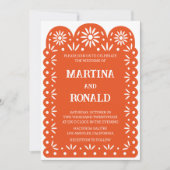 オレンジ色のメキシコの紙の装飾（papel picado）を使った結婚式の招待状 案内状 (正面)