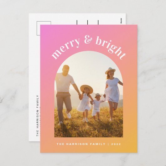 オレンジ色のメリーピンクと明るい写真のアーチ型フレーム シーズンポストカード (正面/裏面)