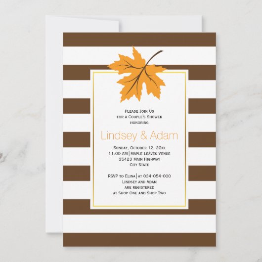 オレンジ色のメープルストライプリーフと結婚のカップルのシャワー 招待状 (正面)