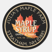 オレンジ色のメープルリーフ付きメープルシロップのラベル（黒） ラウンドシール (正面)