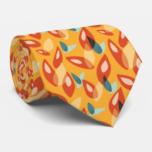 オレンジ色のモダンレトロ幾何葉の70sパターン ネクタイ