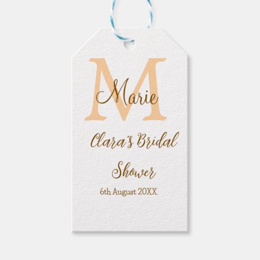オレンジ色のモノグラムブライダルシャワーの追加モダン名simp ギフトタグ (正面)