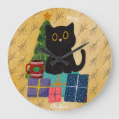 オレンジ色のユーモラスな黒猫のクリスマスコーヒー ラージ壁時計 (正面)