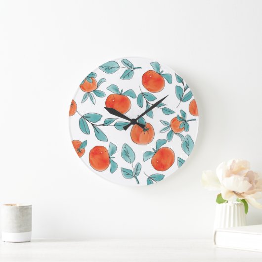 オレンジ色のラインアート:シームレスパターン ラージ壁時計 (ホーム)