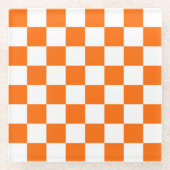 オレンジ色のレトロチェックCheckerboardパターン ガラスコースター (正面)