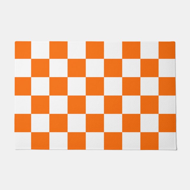 オレンジ色のレトロチェックCheckerboardパターン ドアマット (正面)