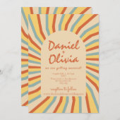 オレンジ色のレトロラインとQR 結婚の 招待状 (正面/裏面)
