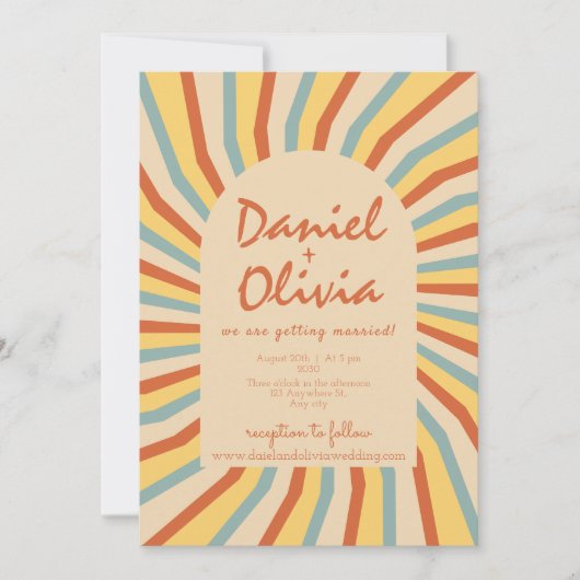 オレンジ色のレトロライン結婚と写真 招待状 (正面)