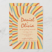 オレンジ色のレトロライン結婚と写真 招待状 (正面/裏面)