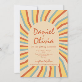 オレンジ色のレトロライン結婚と写真 招待状