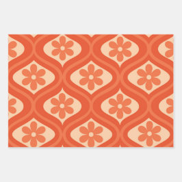 オレンジ色のレトロ70年代の花模様 ラッピングペーパーシート