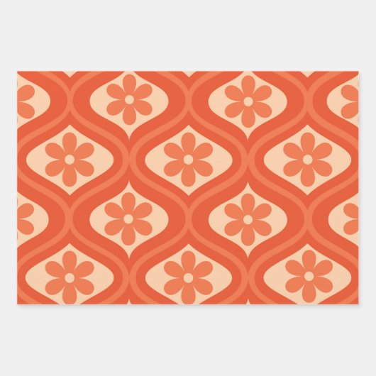 オレンジ色のレトロ70年代の花模様 ラッピングペーパーシート (正面3)