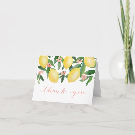 オレンジ色のレモン ピンクのベイビーシャワーまたはブライズシャワー サンキューカード (正面)