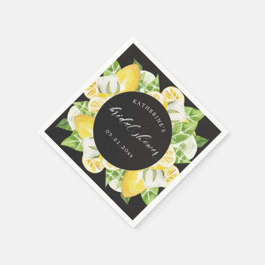 オレンジ色のレモン 果物 花 ブライダルシャワー モノグラム スタンダードカクテルナプキン (角)
