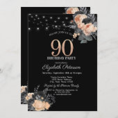 オレンジ色のローズストリングライト ブラック 90歳の誕生日 招待状 (正面/裏面)