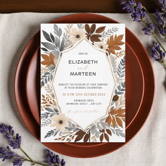 オレンジ色のワイルドフラワーの秋のウェディング 招待状