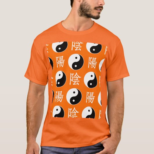 オレンジ色の中国の陰陽パターン Tシャツ (正面)