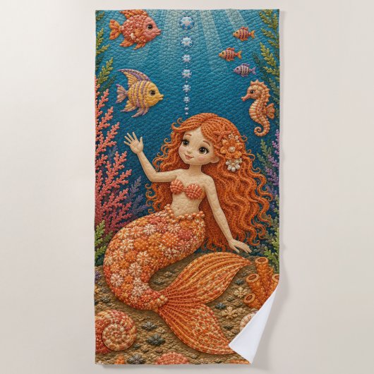 オレンジ色の人魚のキルト ビーチタオル (正面)