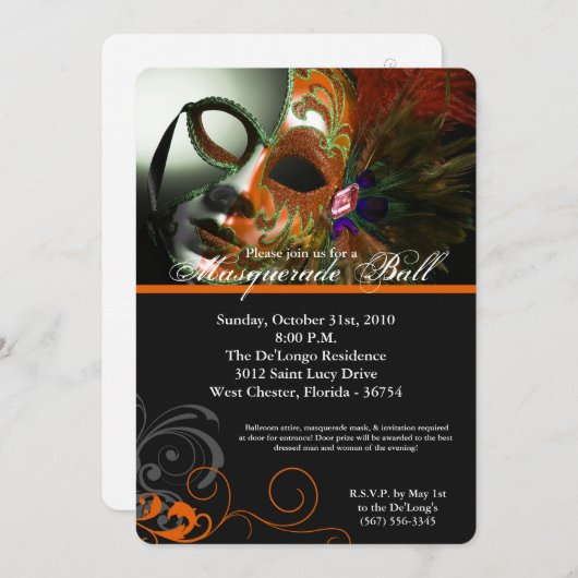 オレンジ色の仮装ボールマスクコスチュームのハロウィーンパーツ 招待状 (正面/裏面)