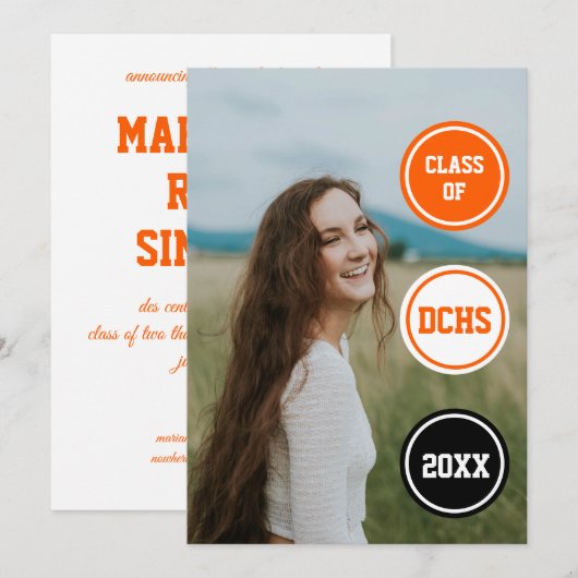 オレンジ色の円の写真 卒業のお知らせ 招待状 (正面/裏面)