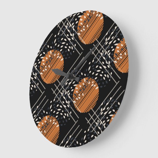オレンジ色の円抽象芸術ヴィンテージパターン ラージ壁時計 (傾斜)