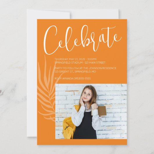 オレンジ色の写真卒業 招待状 (正面)