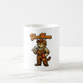 オレンジ色の可愛いトラ猫メカニックコーヒーマグカップ 名前入り コーヒーマグカップ