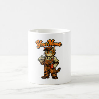 オレンジ色の可愛いトラ猫メカニックコーヒーマグカップ 名前入り コーヒーマグカップ