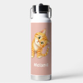 オレンジ色の可愛い猫の子供用水筒 ピンク ウォーターボトル (正面)