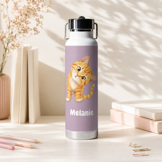 オレンジ色の可愛い猫の子供用水筒（マーブピンク） ウォーターボトル